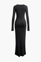 Yuvarlak Yaka Dantelli Yırtmaçlı Uzun Kollu maksi Elbise