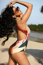 Yaprak Desenli Büzgülü Tek Omuzlu Sırt Dekolteli Karın Toparlayıcı Tek Parça Mayo