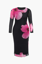 Çiçek Desenli File Bodycon Midi Elbise