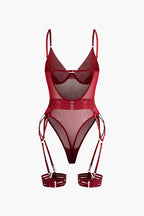 Şeffaf Mesh Kemerli Sırt Dekolteli Bodysuit Eldivenli