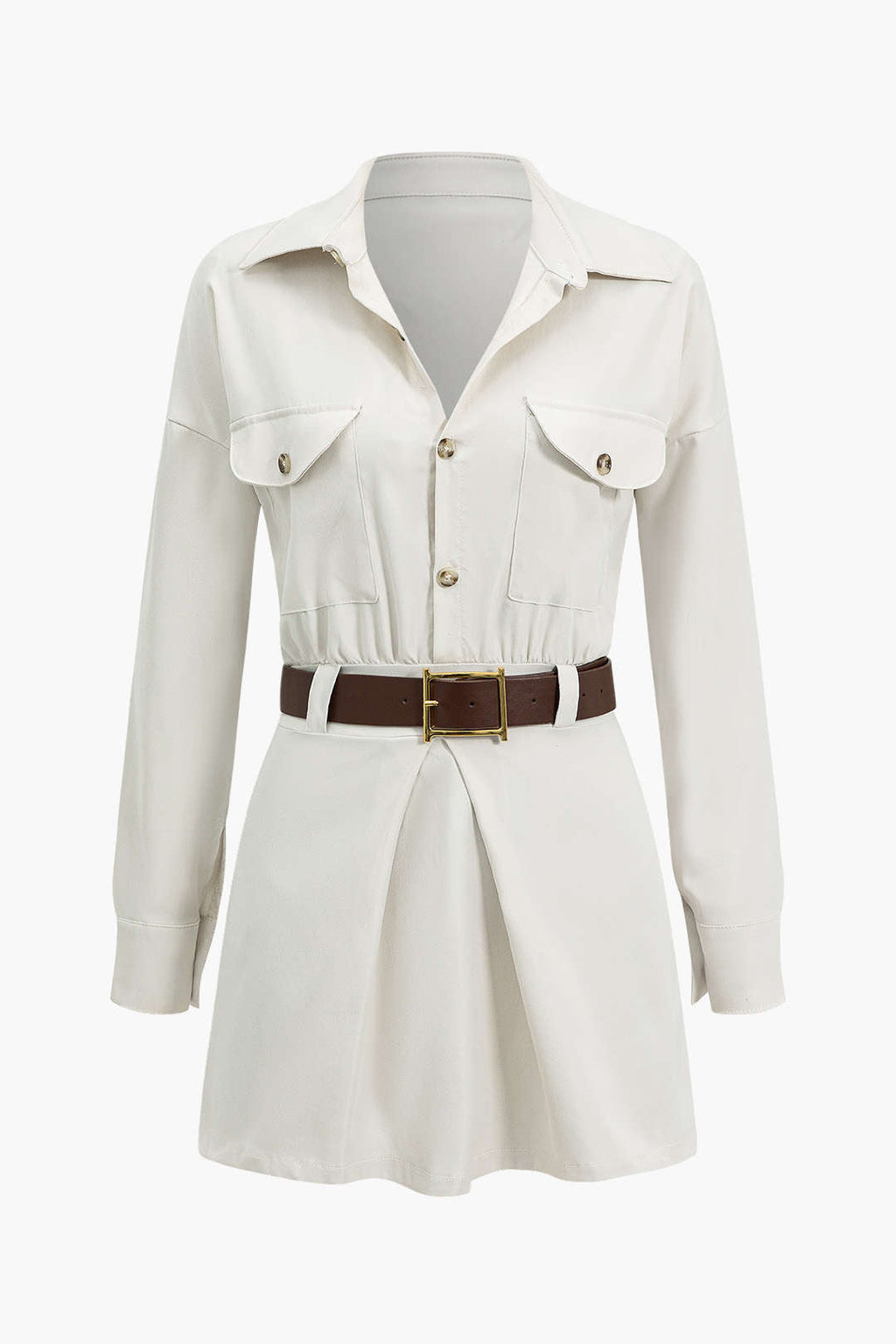 Düz Düğme Cepli Kuşaklı Mini Elbise