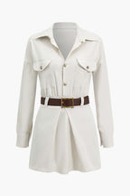 Düz Düğme Cepli Kuşaklı Mini Elbise