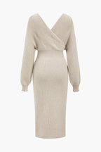 Örgü Uzun Kollu V Yaka Yırtmaçlı midi Elbise