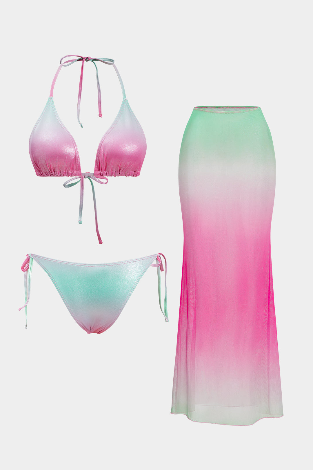 Desenli Büzgülü Sırt Dekolteli Bikini ve Mayo Eteği Pareo Takımı