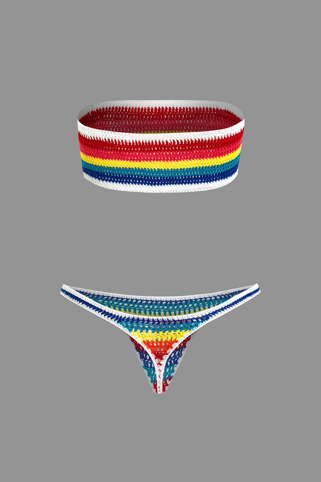 Gökkuşağı Desenli Şeritli Tığ İşi Bikini Takımı