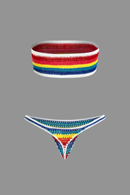 Gökkuşağı Desenli Şeritli Tığ İşi Bikini Takımı