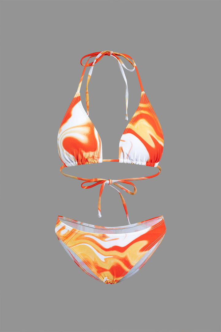 Desenli Sırt Dekolteli Bikini ve Mayo Eteği Pareo Takımı