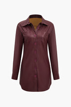 Katı Deri Düğmeli Uzun Kollu Mini Elbise