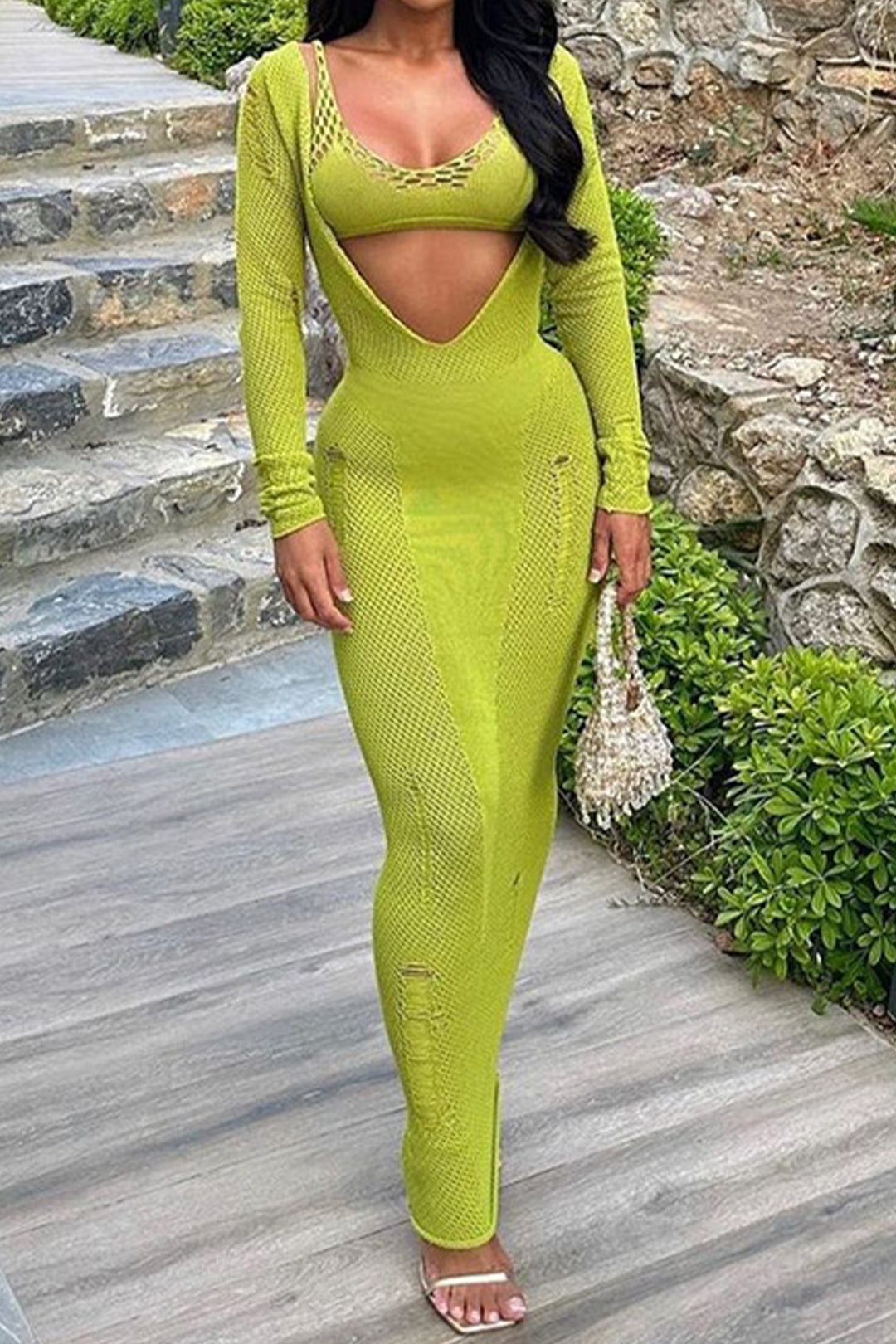 Sütyen Takımlı Uzun Kollu Örgü maksi Elbise