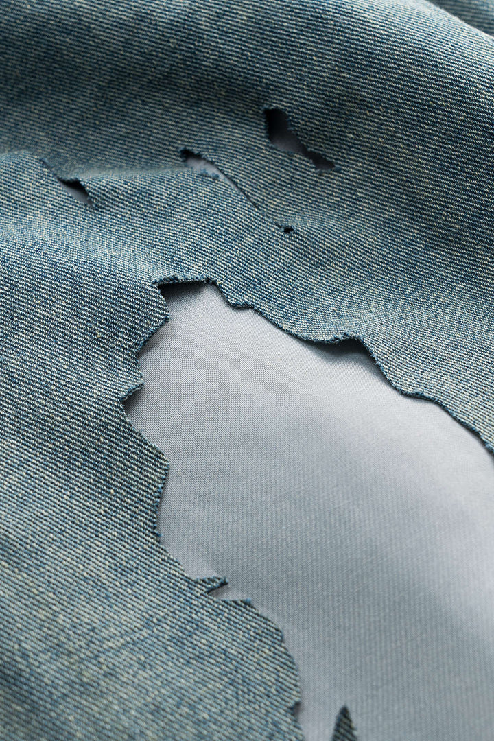 Denim Yama Detaylı File Düğmeli Cep Kesik Detaylı Geniş Paça Jean