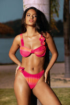 Ombre Desenli 3D Çiçek İnci Detaylı Büzgülü Bağlamalı Bikini Takımı