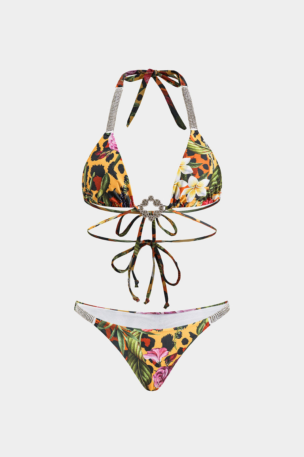 Tropikal Desenli Strass Detaylı Askılı Bikini Takımı
