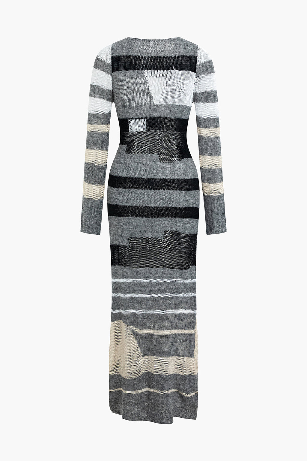 Kontrast Uzun Kollu Yuvarlak Yaka Açık Örgü maksi Elbise