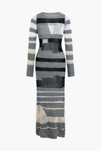 Kontrast Uzun Kollu Yuvarlak Yaka Açık Örgü maksi Elbise