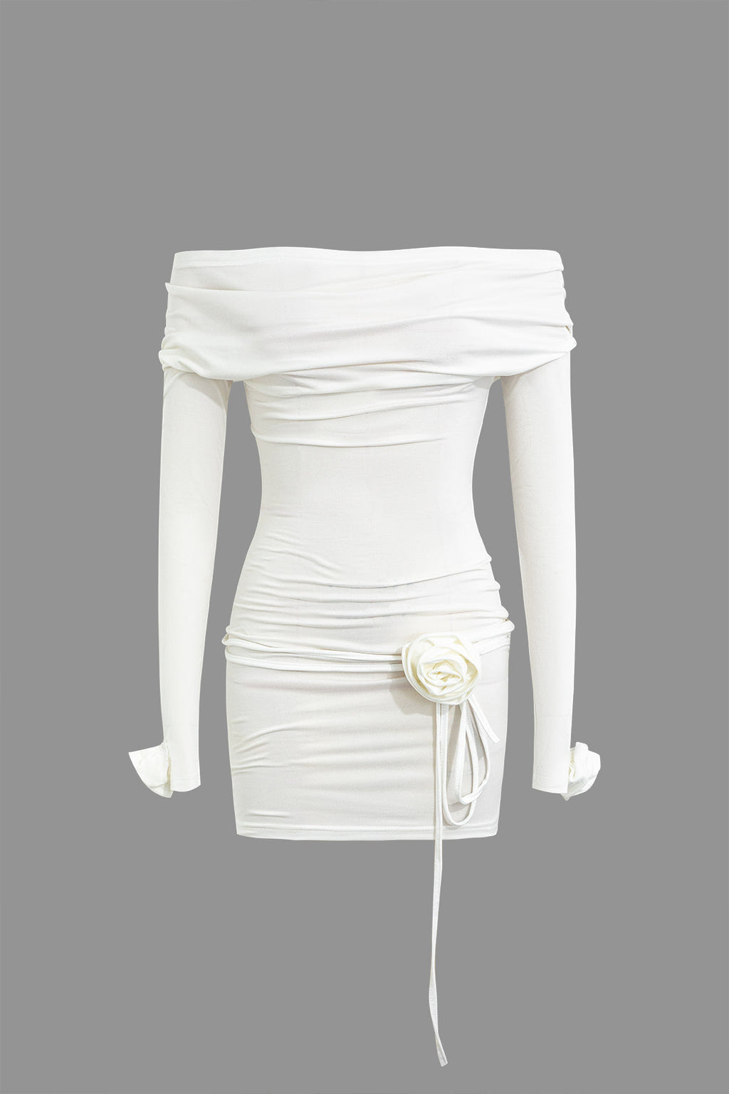 Düz Renk 3D Çiçekli Uzun Kollu Mini Elbise