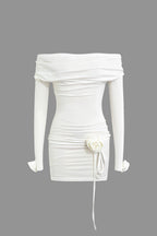 Düz Renk 3D Çiçekli Uzun Kollu Mini Elbise