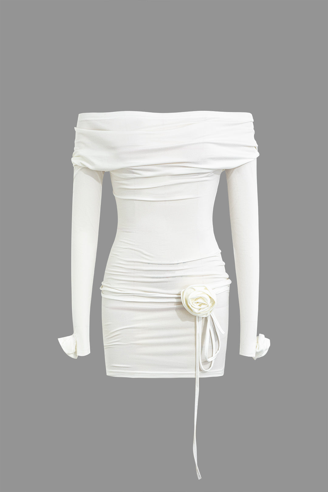 Düz Renk 3D Çiçekli Uzun Kollu Mini Elbise