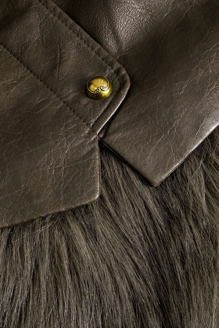 Deri Kürk Düğmeli Patchwork Mont