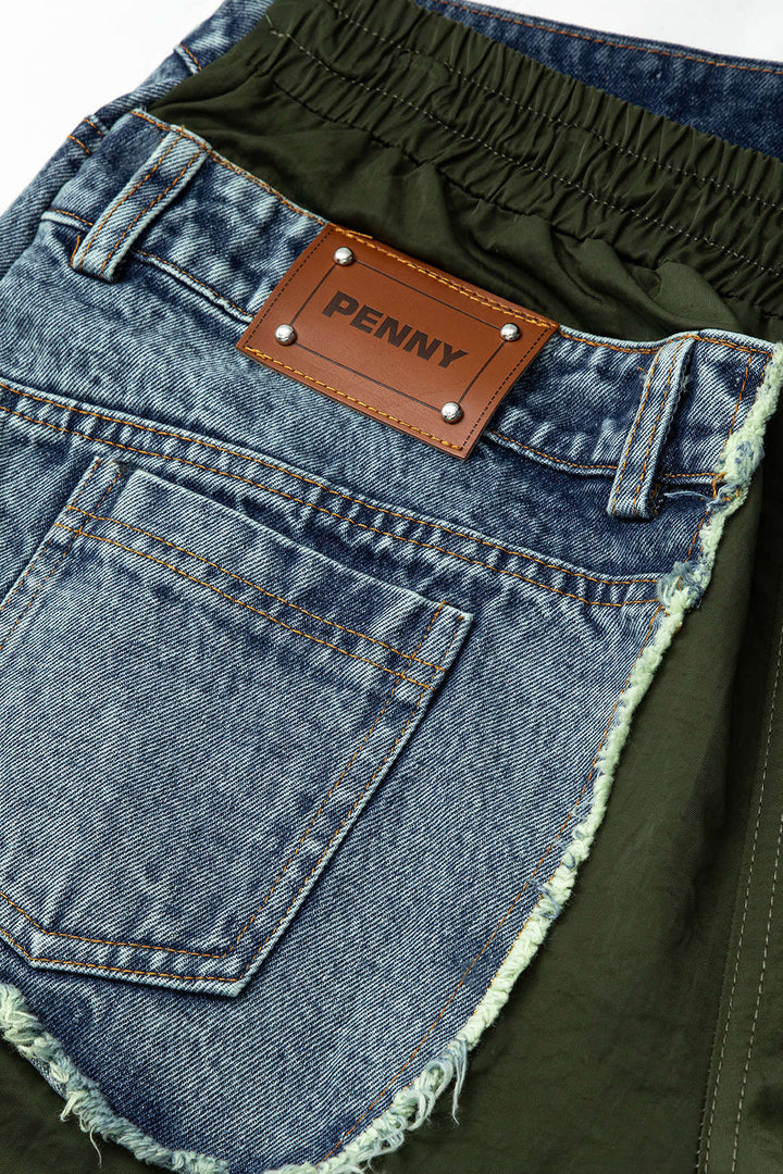 Denim Patchwork Kapaklı Cep İpli Kargo Kot