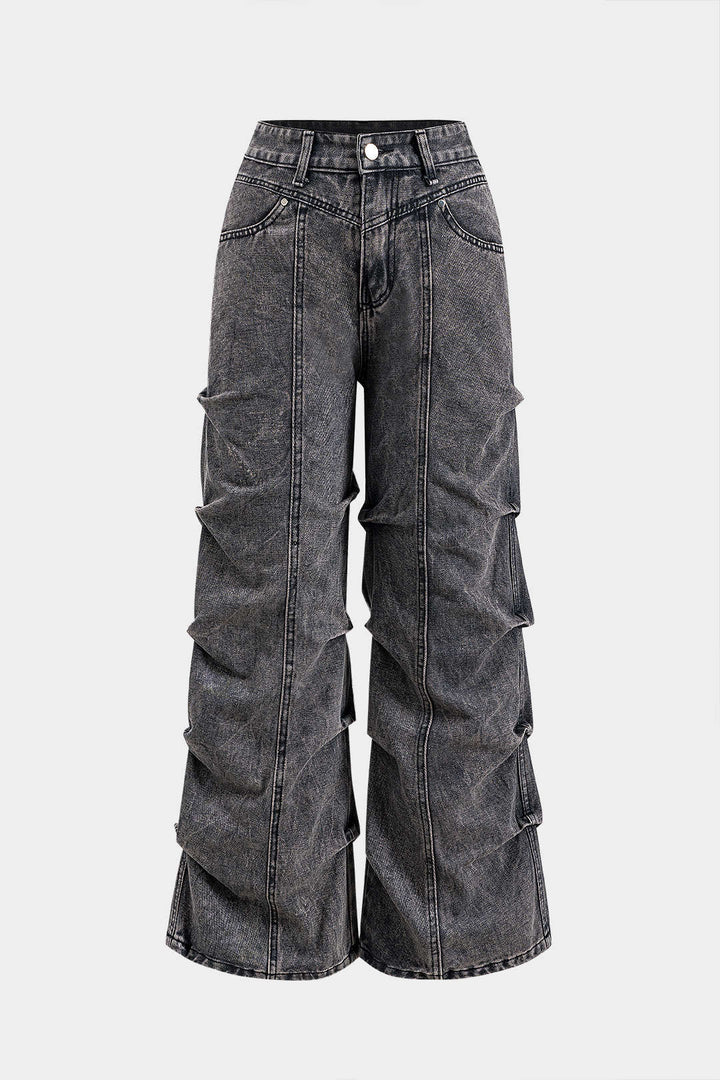 Denim Büzgülü Düğmeli Cep Detaylı Geniş Paça Jean
