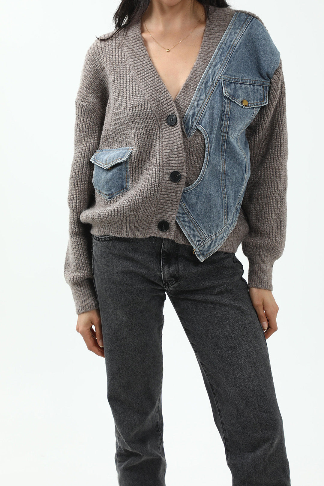 Patchwork Denim Örgü Renkli Blok Düğmeli Asimetrik Cepli Hırka