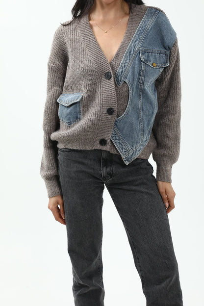 Patchwork Denim Örgü Renkli Blok Düğmeli Asimetrik Cepli Hırka
