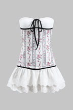 Çiçek Desenli Patchwork Büzgülü Bağcıklı Straplez Mini Elbise