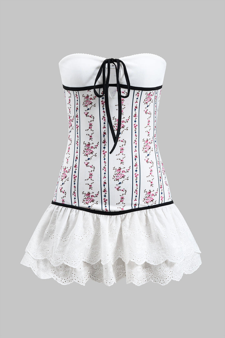 Çiçek Desenli Patchwork Büzgülü Bağcıklı Straplez Mini Elbise