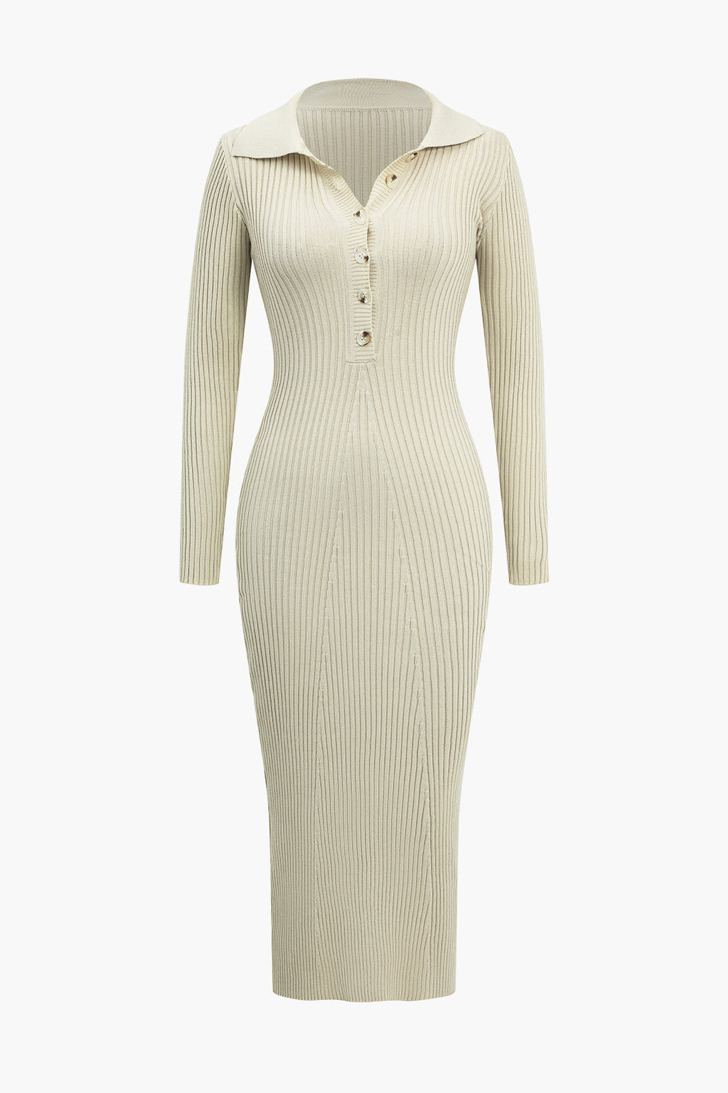 Katı Örgü Düğmeli Uzun Kollu maksi Elbise