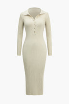 Katı Örgü Düğmeli Uzun Kollu maksi Elbise