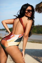 Yaprak Desenli Büzgülü Tek Omuzlu Sırt Dekolteli Karın Toparlayıcı Tek Parça Mayo