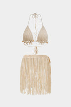 Tüy Detaylı İnce Askılı Kroşe Bikini Takımı