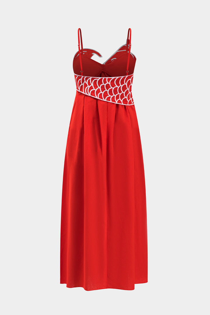 Pileli Balık Nakışlı Sırt Dekolteli Askısız Maxi Elbise