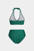 Metalik Dekorlu Büzgülü Bağlamalı Sırt Dekolteli Bikini Takımı