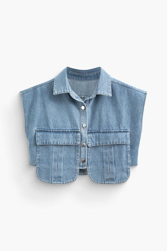 Asimetrik Düğmeli Kapaklı Cep Crop Denim Yelek