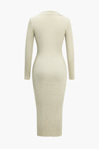 Katı Örgü Düğmeli Uzun Kollu maksi Elbise