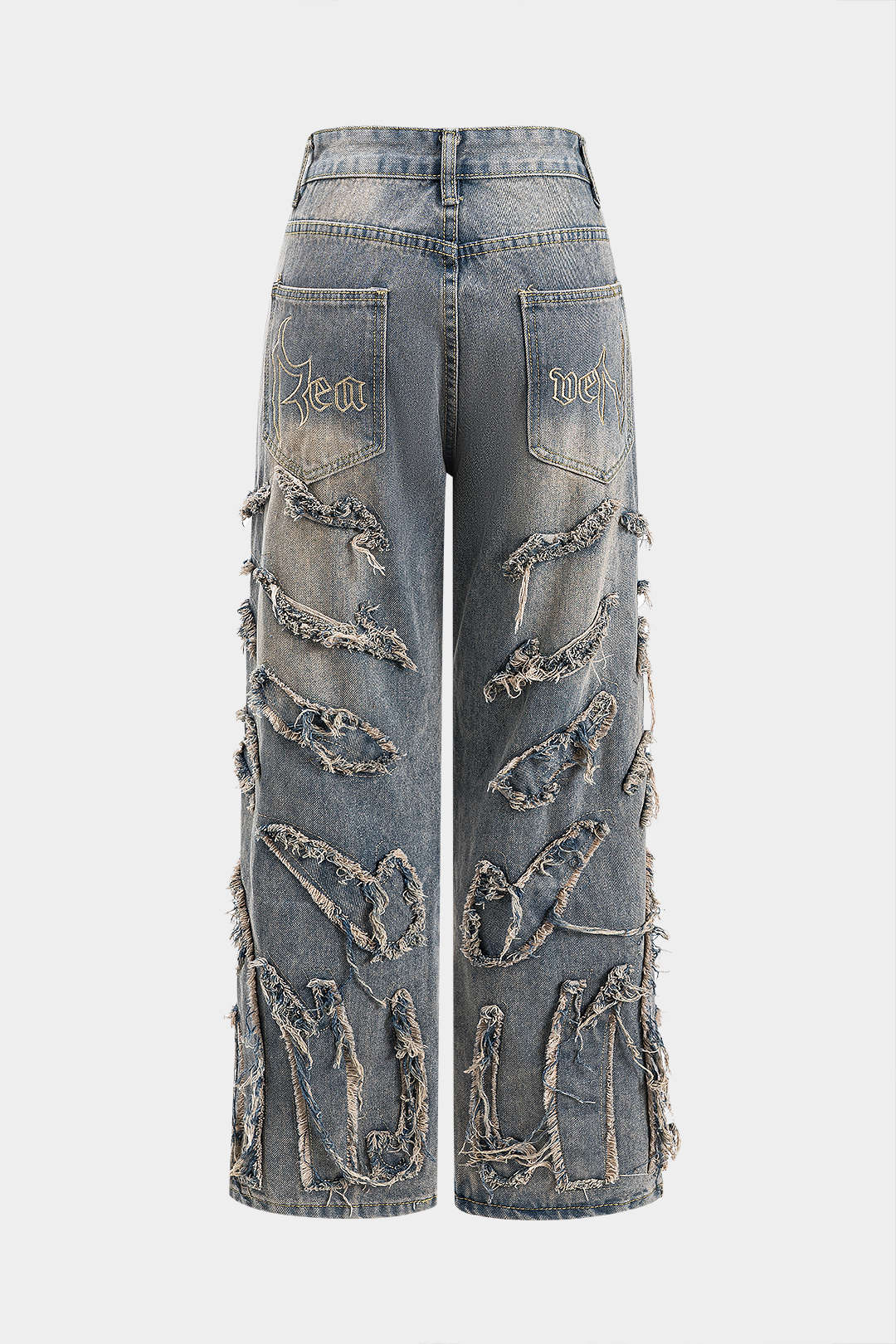Harf Nakışlı Yıkamalı Denim Düğmeli Cep Jean