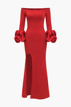 Düz Düşük Omuz Yan Yırtmaçlı maksi Elbise