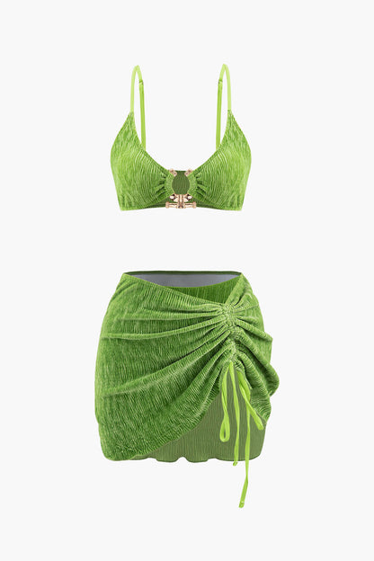 Kadife Dokulu U Yüzük Bikini ve Mayo Eteği Pareo 3 Parça Takım