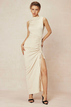 Dantelli Büzgülü Yırtmaçlı maksi Elbise