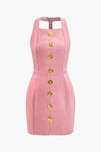 Çiçek Desenli Düğme Detaylı Halter Yaka Sırt Açık Mini Elbise