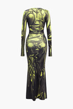 İllüzyon Desenli Uzun Kollu maksi Elbise