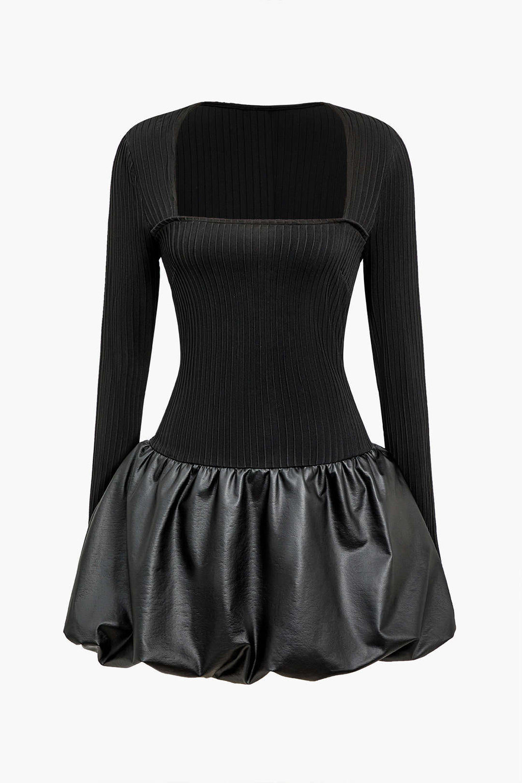 Pu Patchwork Dantelli Kare Yaka Mini Elbise