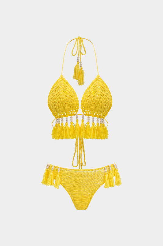 Sırt Açık Tüy ve Boncuk Detaylı Bikini Takımı
