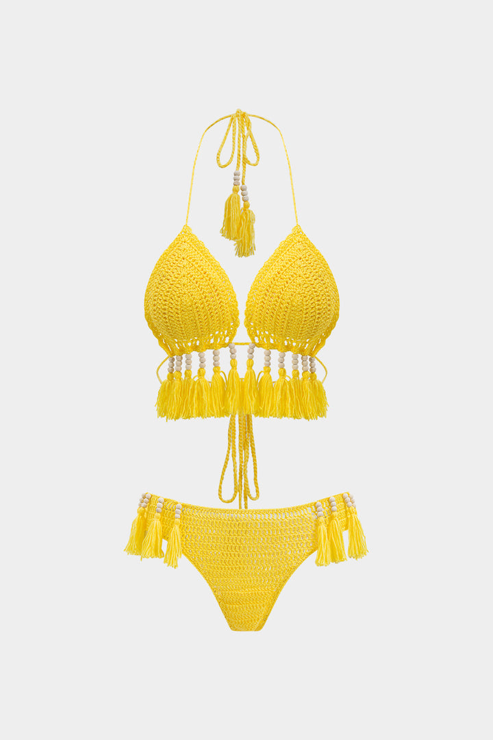 Sırt Açık Tüy ve Boncuk Detaylı Bikini Takımı
