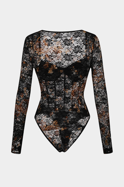 Şeffaf Dantel Korseli Uzun Kollu Bodysuit