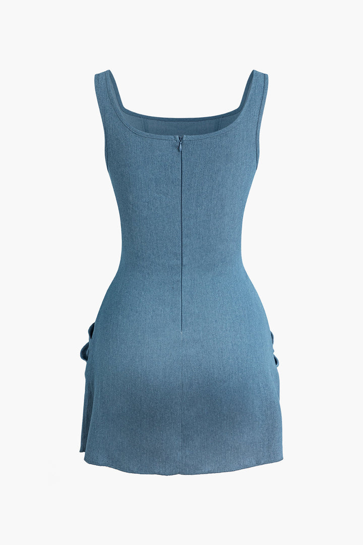 3D Çiçek Dantelli Tank Denim mini Elbise