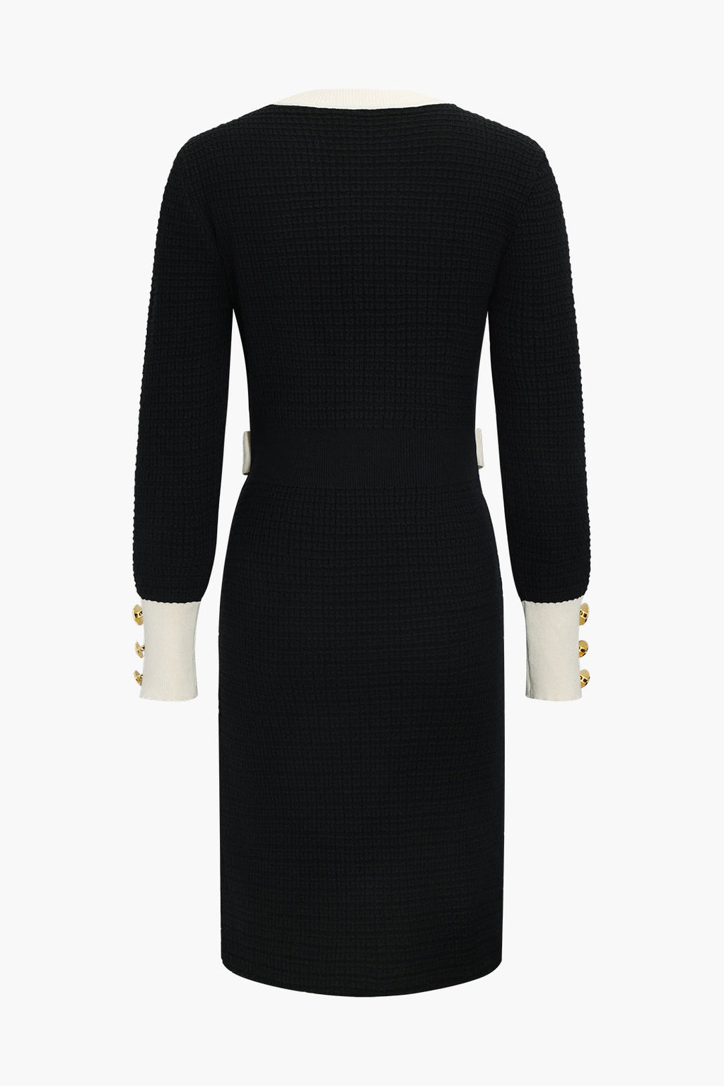 Örgü Zincir Düğmeli Uzun Kollu midi Elbise