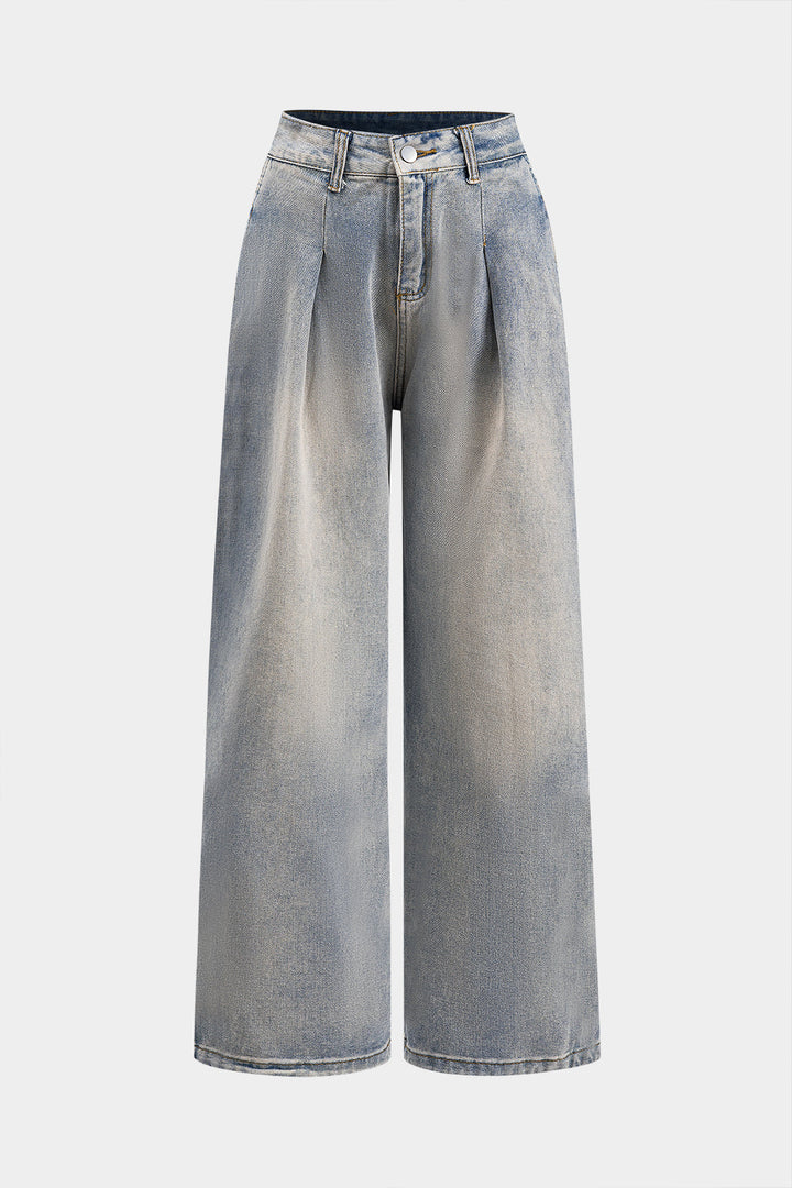 Solmuş Denim Pileli Düğmeli Cep Detaylı Geniş Paça Jean