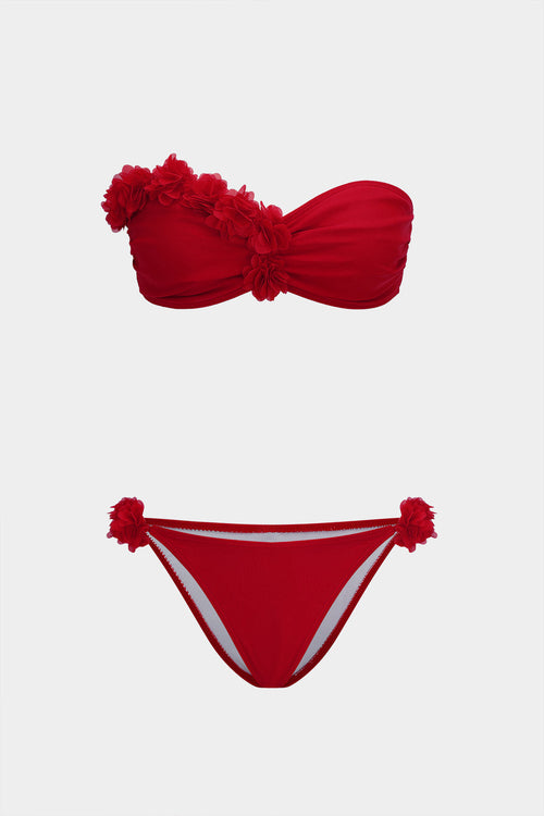 3D Çiçek Büzgülü Bağlamalı Bikini Takımı